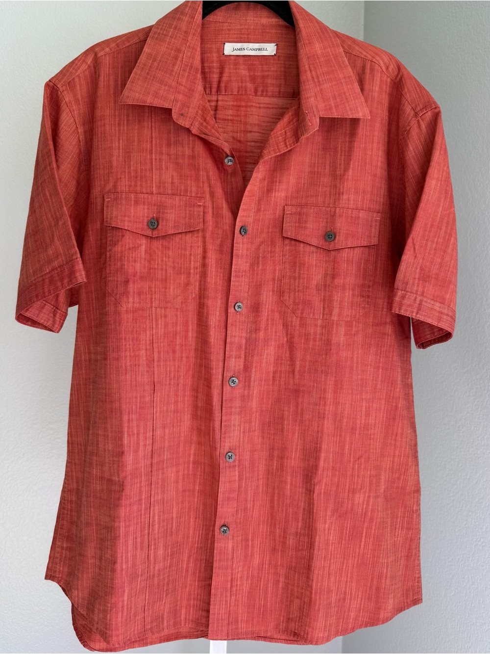 James Campbell Mens Burnt Orange Short Sleeve Button Down Cotton Shirt - Large